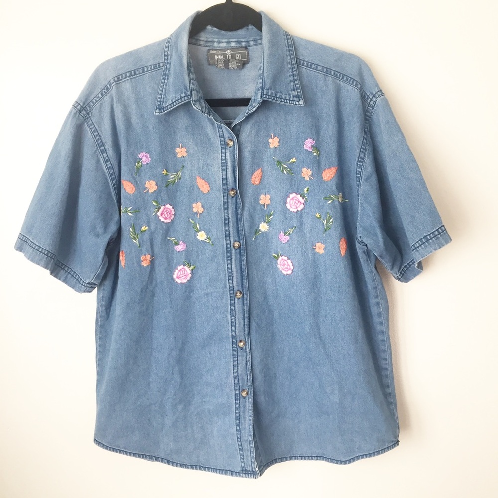 Vintage | Embroidered Denim button down top Large